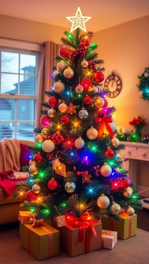An animated Christmas tree with colorful lights and moving decorations in a cozy living room.
